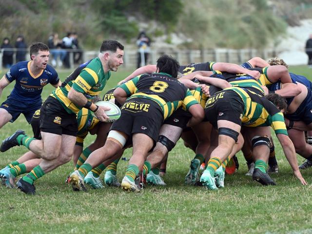Action from the Dunedin v Green Island match at Kettle Park. Photo: Linda Robertson