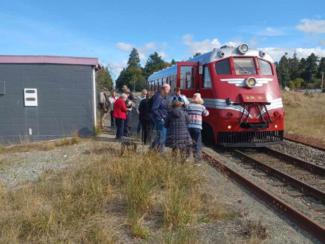 Standard railcar Tokomaru chugs to a stop in Orari for the first time in its 86 years.PHOTO:...