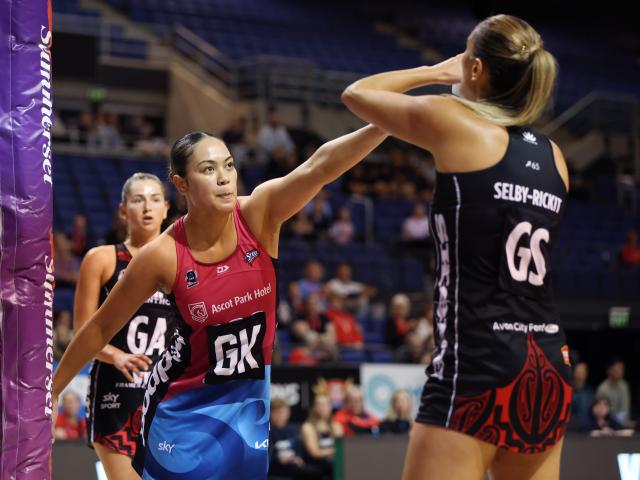 Southern Steel goal keeper Taneisha Fifita defends the shot of Te Paea Selby-Rickit during last...