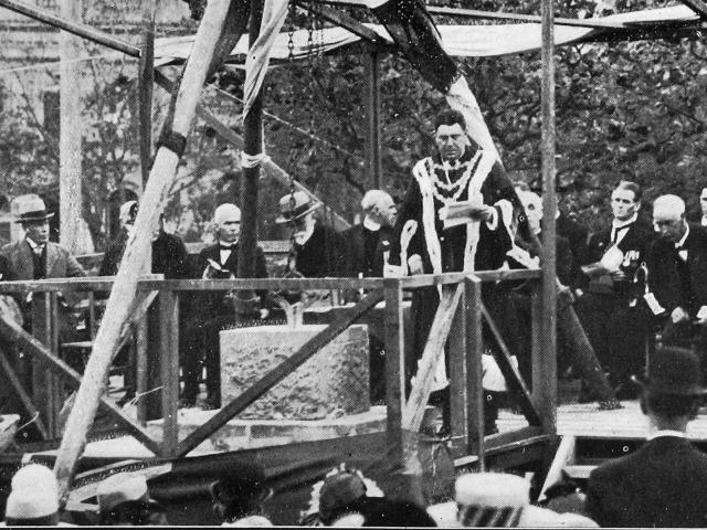 Laying the foundation stone for the new Dunedin cenotaph in the Queens Gardens, Anzac Day 1924:...