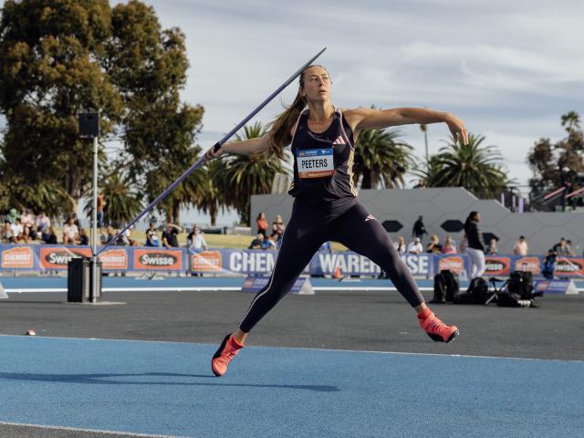 New Zealand javelin thrower Tori Peeters throws a javelin at the 2024 Sir Graeme Douglas...