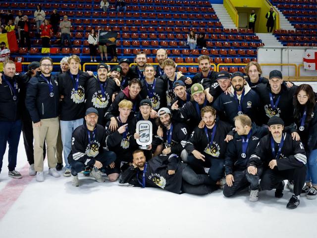 The Ice Blacks celebrate second place at their world tournament in Sofia yesterday. PHOTO: ICE...