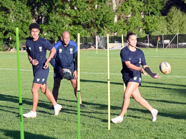 Otago Boys’ player Sonatane Tavake (left) and Southland Girls’ player Sualo Lofoga train with...