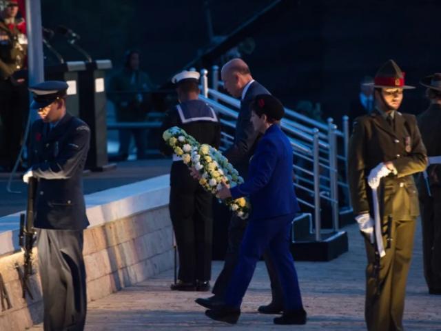 Former Governor-General Dame Patsy Reddy lays a wreath at a previous Dawn Service at the Anzac...