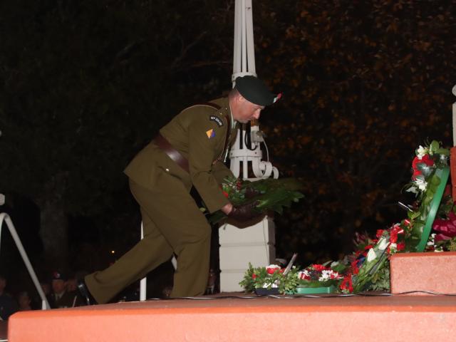 ​​​​​​​Royal New Zealand Infrantry Regiment 2nd lieutenant Paul McCullough lays a wreath at the...