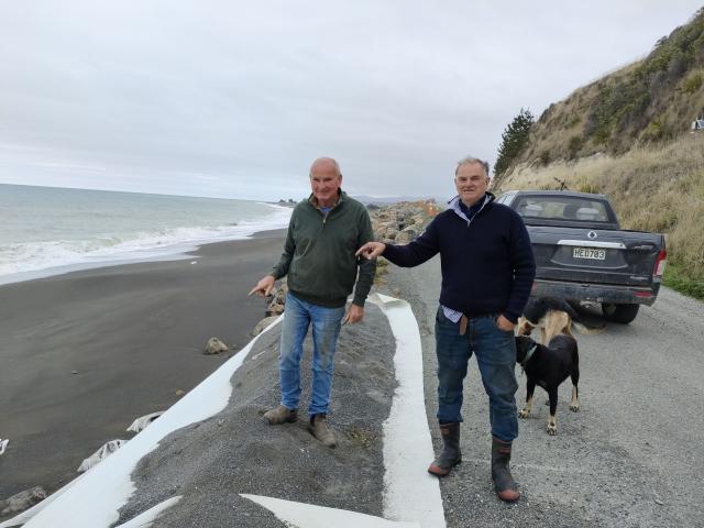 Hurunui Deputy Mayor Vince Daly (left) and Conway Flat farmer Andrew 'Snips' Prentice check the...