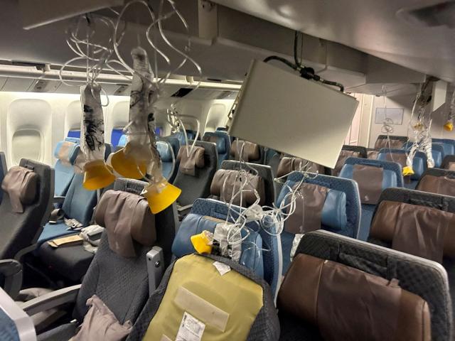 The interior of&nbsp;Singapore&nbsp;Airlines flight SQ321 is pictured after its emergency landing...