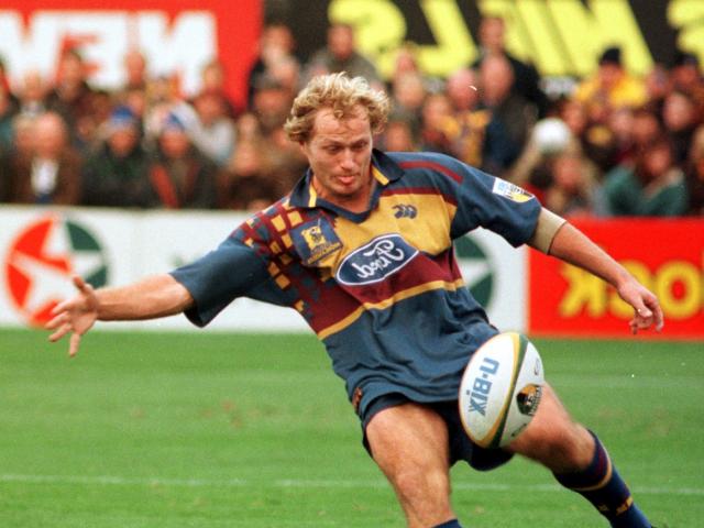 Highlanders first five Tony Brown puts in a kick during the 1999 Super 12 final at Carisbrook....