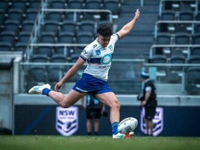 Kairus Booth, a One NZ Future Warriors rugby league player from Balclutha, kicks the ball during...