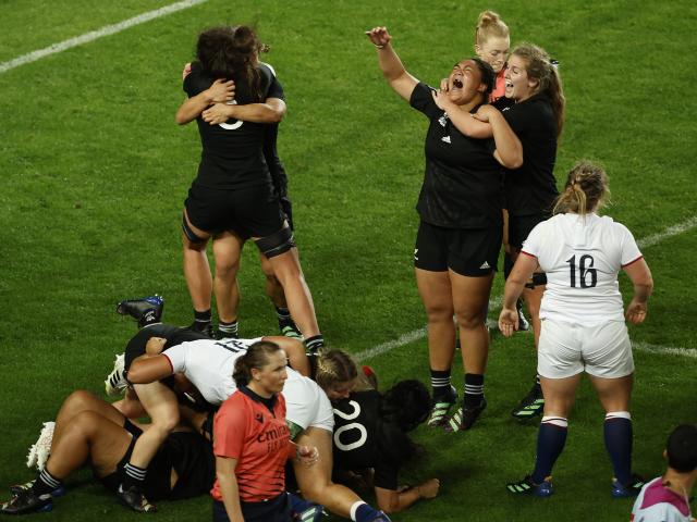 The Black Ferns celebrate their incredible last gasp win over England at Eden Park. Photo: Getty...