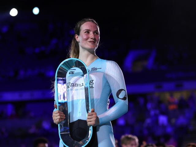 Ellesse Andrews atop the podium at last year's UCI Track Champions League in London. Photo: Getty...