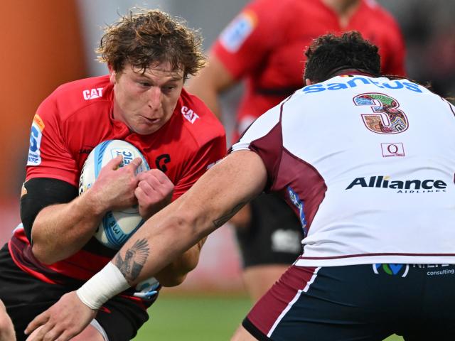 Cullen Grace of the Crusaders charges forward during today's Super Rugby Pacific match against...
