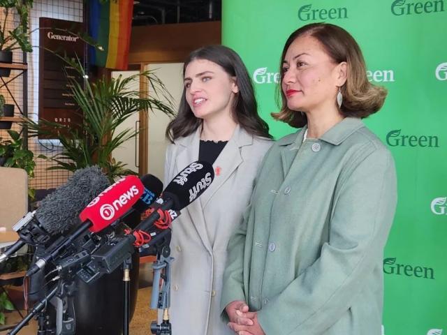 Green party co-leaders Chlöe Swarbrick (left) and Marama Davidson speaking to media in Wynyard...
