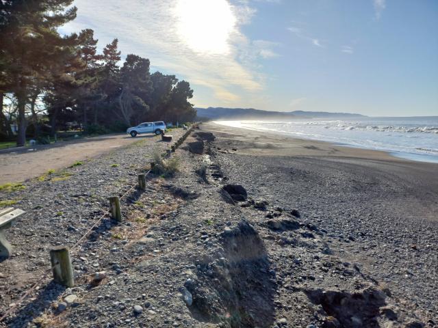 A new relocatable bund would replace this well worn bund at Amberley Beach. Photo: David Hill /...
