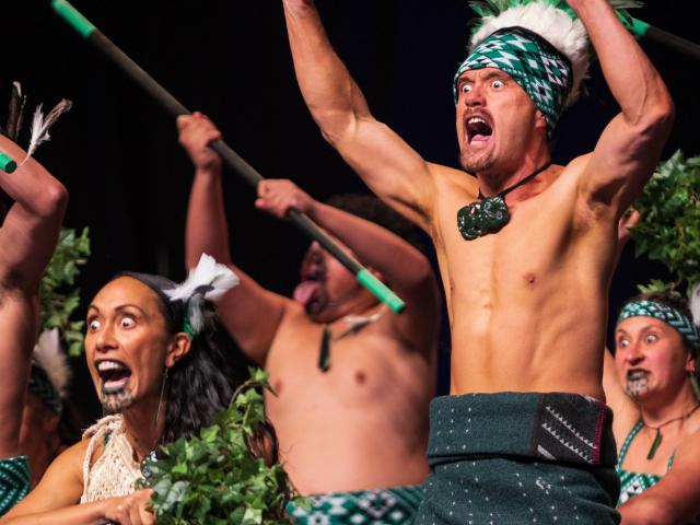 Kerrie-Anna Tana and Junior Tana, of Kōkō Tangiwai, perform on the front stage at Waitaha...