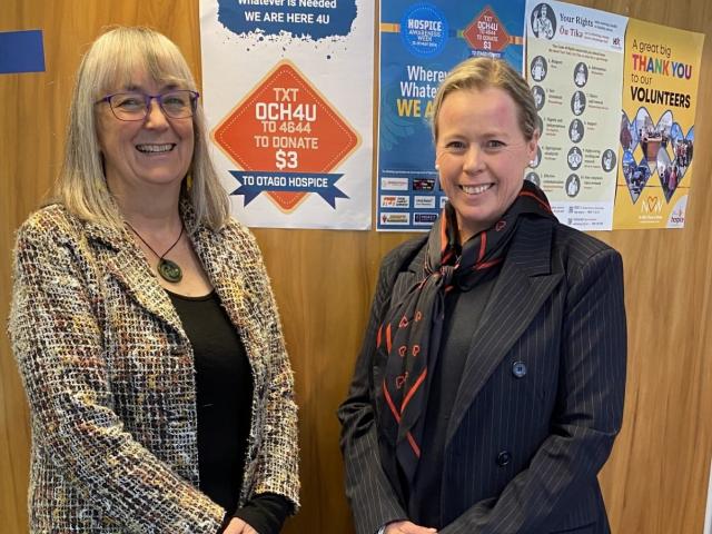 Otago Community Hospice chief executive Ginny Green (right) and carer educator Denise van Aalst...