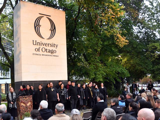 The unveiling of the new University of Otago tohu this morning. PHOTO: STEPHEN JAQUIERY