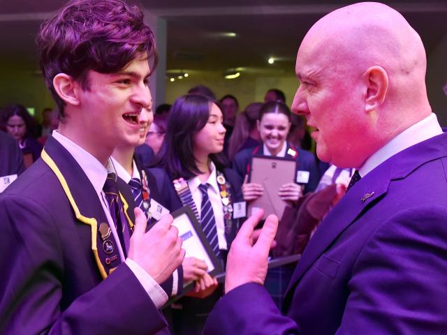 Benjamin Pickering, of Bayfield High School, chats with Prime Minister Christopher Luxon.