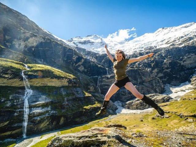 A tramper takes a selfie in front of the stunning icefall at the head of Earnslaw Burn. PICTURE:...