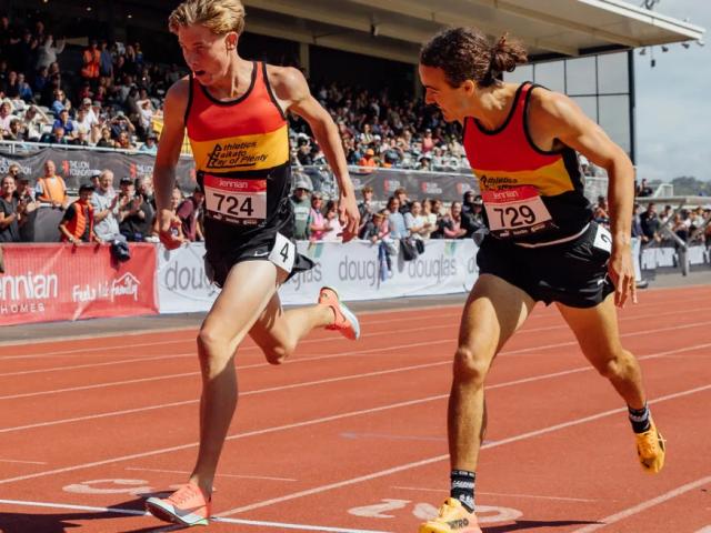 Ben Ruthe and Sam Tanner finished identically at the 1500m. Photos: supplied/NZ Athletics