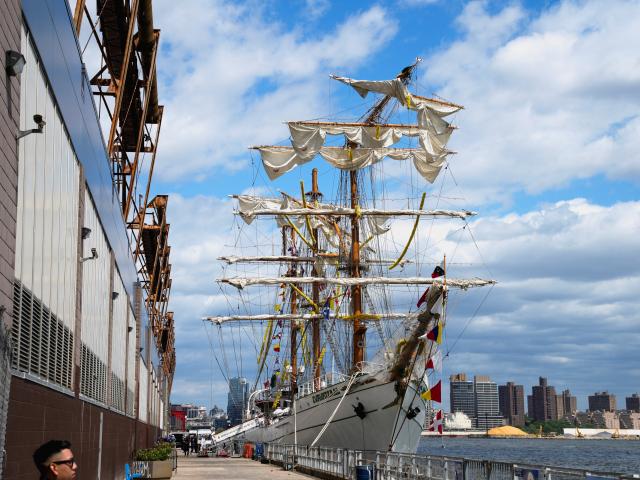 The Mexican Navy ship's masts were too tall to clear the arched Brooklyn Bridge on Saturday night...