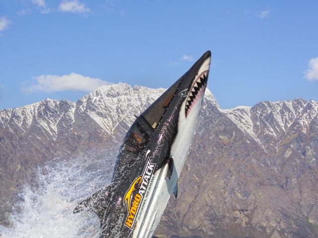 A Hydro Attack shark flies above Lake Wakatipu. PHOTO: TRACEY ROXBURGH
