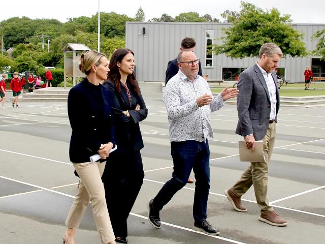 Selwyn MP Nicola Grigg with Education Minister Erica Stanford and Lincoln Primary principal Chris...