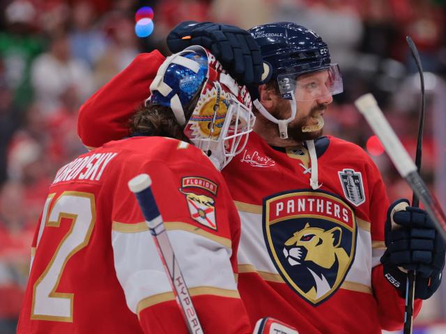 Florida Panthers forward Sam Reinhart (right) celebrates with goaltender Sergei Bobrovsky after...