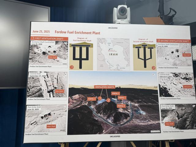 A poster of Iran's Fordow Fuel Enrichment Plant is displayed during a press briefing with US...