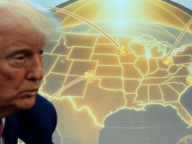 US President Donald Trump speaks in front of a map of Trump's proposed Golden Dome missile...
