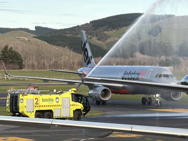 The JetStar flight is welcomed to Dunedin. Photo: Craig Baxter 