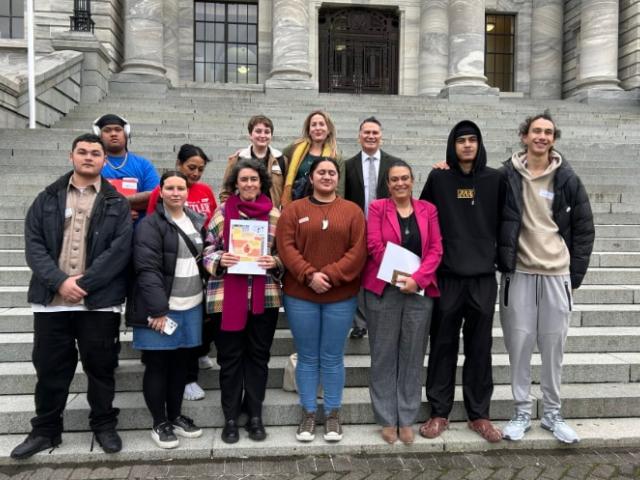 Pillars youth panel Ngā Rangitira Apōpō pictured with Minister for Children Karen Chhour and...