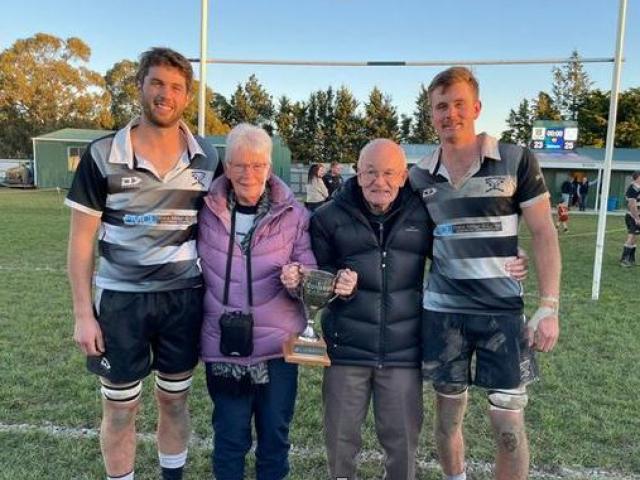 Bailey Clark (right) with his "biggest fans", grandparents Shirley and Barry Blackmore, Also...