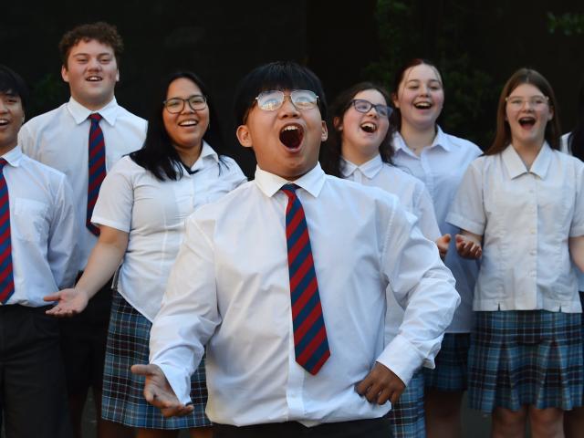 South Otago High School year 11 student Jared Gerida, 15, sings in front of his school choir...