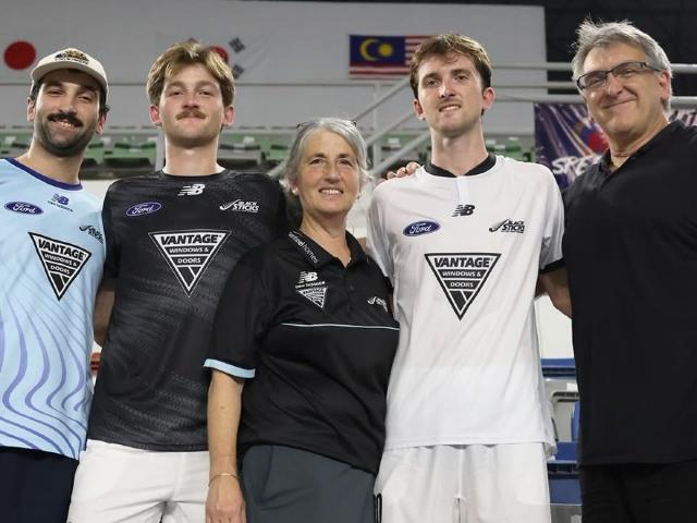 Black Sticks and Otago players Patrick Ward (second left) and Finn Ward (second right) celebrate...