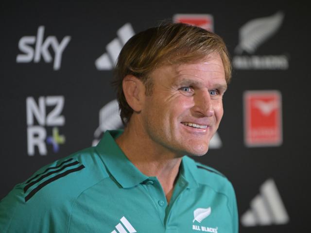 All Blacks coach Scott Robertson considers a question at a media conference at Forsyth Barr...