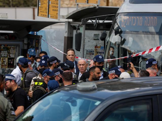 Israeli Prime Minister Benjamin Netanyahu at the scene of the shooting. Photo: Reuters 