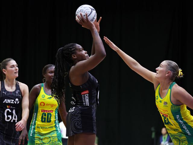 Grace Nweke of New Zealand is defended by Courtney Bruce of Australia during game three of the...