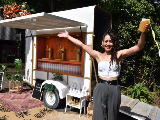 Shaquille Spooner-Nixon has converted a small horse float into a mobile self-pouring bar. Photo:...