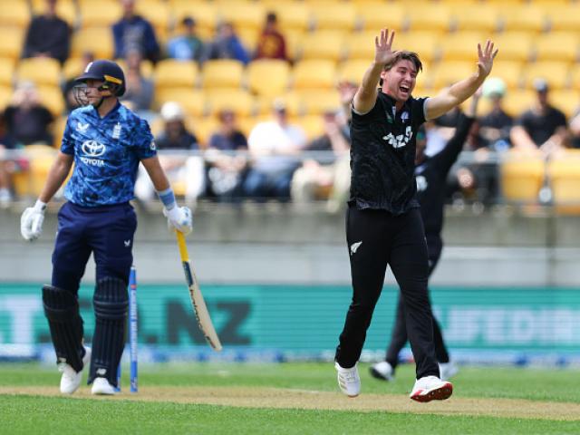 Zac Foulkes claims the wicket of England dangerman Joe Root. Photo: Getty Images
