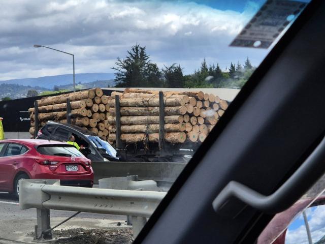 A car was crushed against the concrete median barrier by a logging truck on Friday last week....