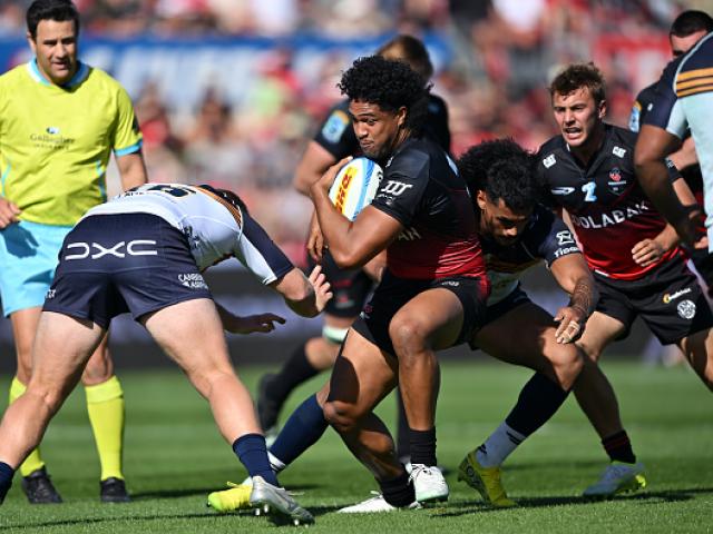 Leicester Fainga’anuku of the Crusaders charges forward during the Super Rugby Pacific match...