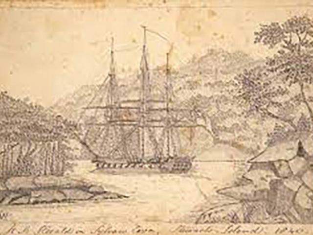 HMS Herald, anchored at Sylvan Cove, Port Pegasus on Stewart Island on June 4, 1840.