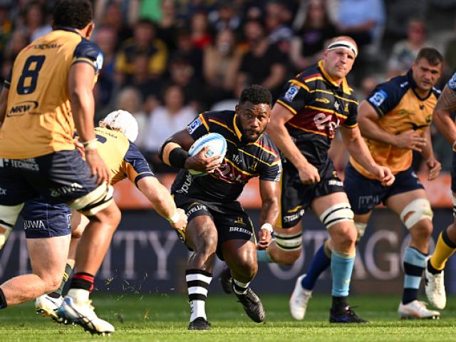 Timoci Tavatavanawai of the Highlanders charges forward during today's Super Rugby match against...