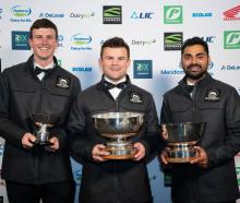 Dairy trainee of the year Peter O’Connor (left), sharefarmer of the year Will Green and farm...