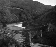 Christmas Creek viaduct in the Taieri River gorge near Hindon, on the Otago Central Railway. —...