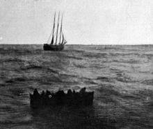 The stricken crew of the schooner Jean Dundonald Duff about to be rescued by the Shaw Savill and...