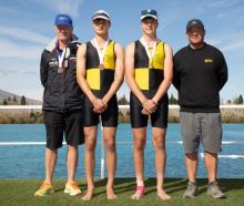 Standing on the podium following their bronze medal in the boys under-18 novice double sculls are...