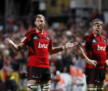 Crusaders Chris Jack (left) and Brad Thorn during a Super Rugby Match against the Bulls at Timaru...