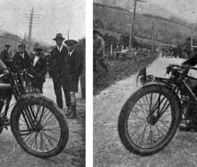 Motorcycle hill climb at Junction Hill, Dunedin: Alex McDonald (left), winner of unlimited class...